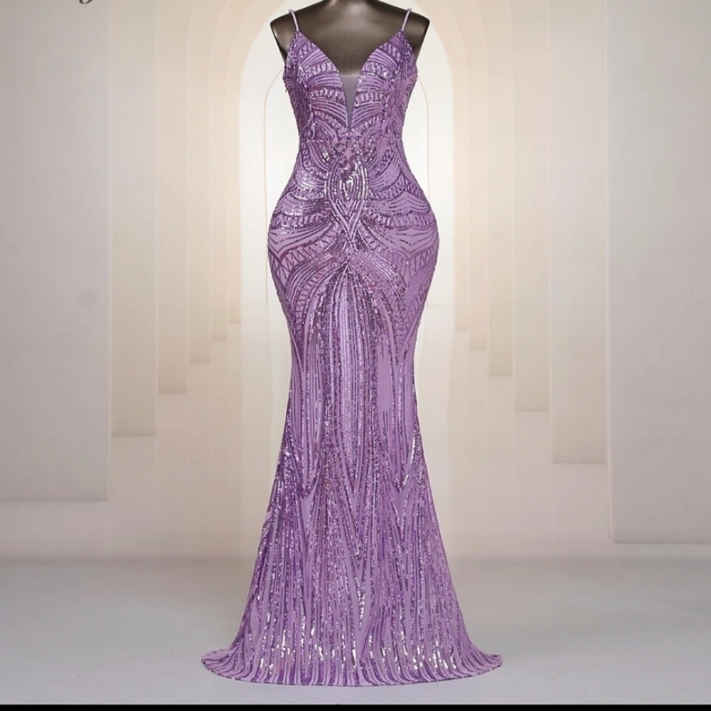 Purple, Geo Print,  Sleeveless,  Beaded Draped Back,  Sequined Mermaid G… - Picture 9 of 13